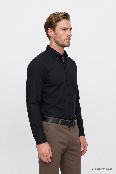 AC&Co / Altınyıldız Classics Erkek Siyah Pamuklu Yumuşak Dokulu Flanel Slim Fit Dar Kesim Düğmeli Yaka Gömlek