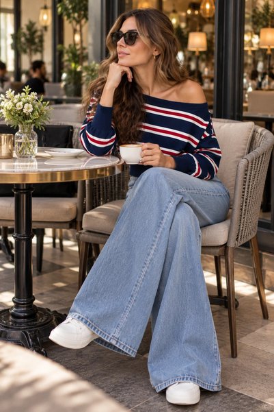 gozdefashion Women's Striped Boat Neck Knitwear Sweater