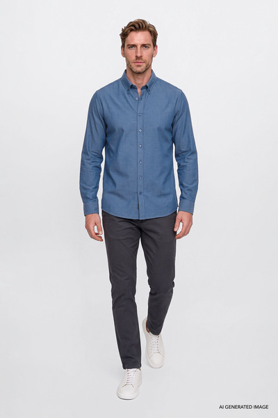 AC&Co / Altınyıldız Classics Erkek Lacivert Pamuklu Yumuşak Dokulu Flanel Slim Fit Dar Kesim Düğmeli Yaka Gömlek