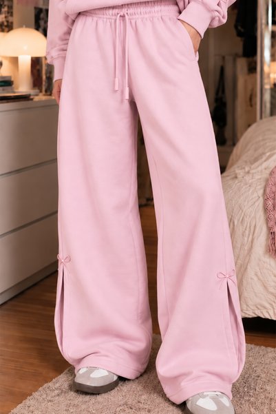 LULUS FRİENDS Pantaloni de trening pentru femei, cu picior larg, cu broderie cu fundă albastră, cu picior extra larg, cu 3 fire, cu textură moale, cu croială confortabilă