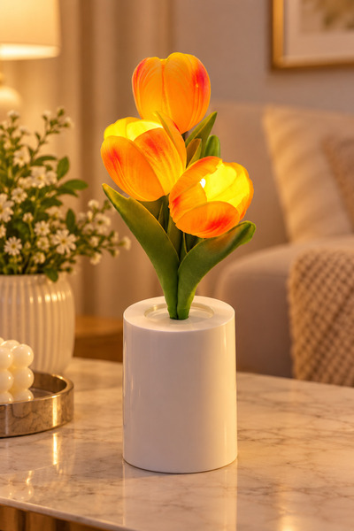 ERKUGO 3’lü LED Lale Çiçek Dekoratif Masa Lambası 25 cm Pilli Yapay Çiçek Gec...
