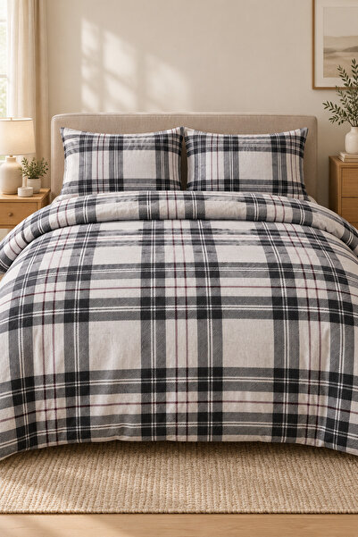 Cotton Collection طقم غطاء لحاف مزدوج من الفلانيل باللون الرمادي الفاتح
