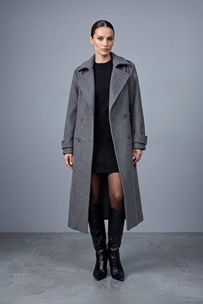 Puane Cuff Detailed Belted Long Coat Anthracite 15272