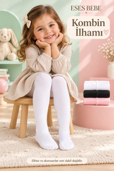 ESES BEBE 3'lü Bebek Çocuk Pamuklu Düz Külotlu Çorap Seti Beyaz Siyah Pembe