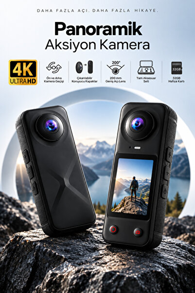 ROBEVE 4K Ultra HD Panoramik Aksiyon Kamera 200° Ultra Geniş Açı Çift Lens Ön Arka Kamera Geçişli 32GB Hafıza Kartlı Vlog Spor Seyahat Kamerası Selfie Çubuğu Setli Aksiyon Kamerası ve Selfie Çubuğu