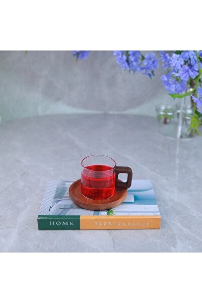 Generic كوب من زجاج مع صحن خشبي بتصميم أنيق ومميز ــ شفاف وبني ــ 10×10×7 سم