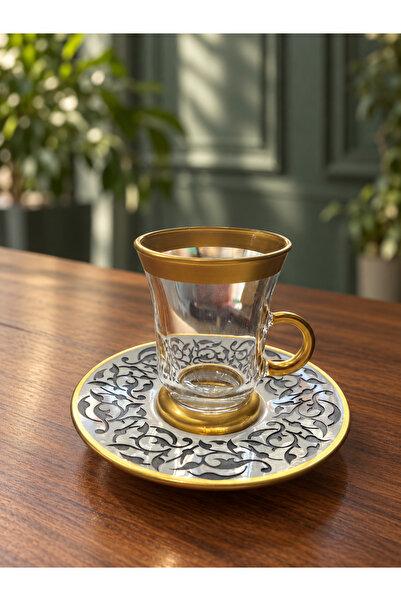 DECOSTYLE طقم شاي زجاجي 12 قطعة مع أطباق بورسلين بنقشة الفينيل الأسود ومقابض