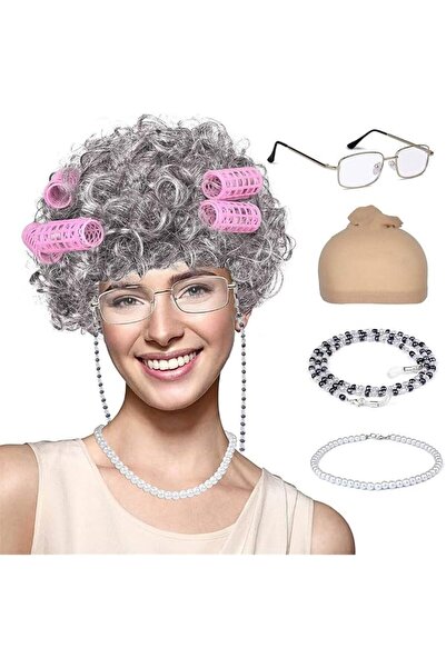 YARDHOBI Old Lady Costume Set, Gray Hair Granny Wig, Grandmother Wig, Old Lad...