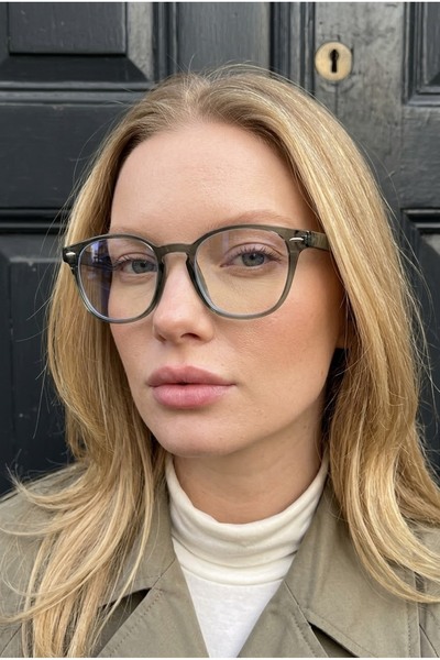 Eyesofia Havana Khaki Green Framed Retro Blue Light Protection Ultra Light Wo...
