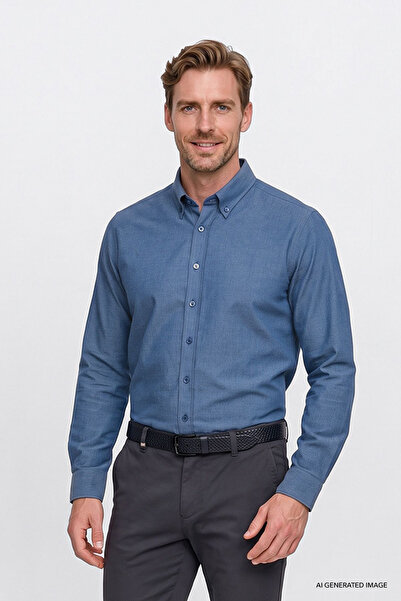 AC&Co / Altınyıldız Classics Erkek Lacivert Pamuklu Yumuşak Dokulu Flanel Slim Fit Dar Kesim Düğmeli Yaka Gömlek