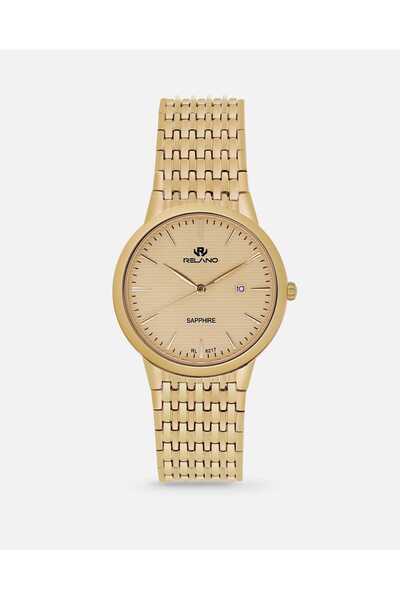 RELANO Men Watch with Date in Round Gold Case with Gold Dial & Stainless Stee...