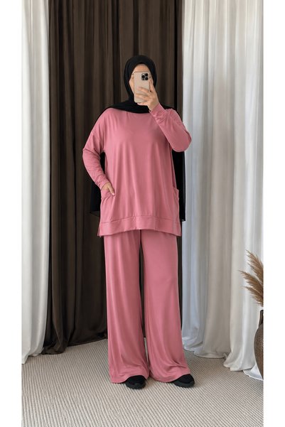 Hepsi Moda Double Pocket Sandy Pants Suit - Mg - Dusty Rose