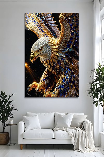 Parıltı Yayınları Altın Ve Safir Mavi Taşlı Kristal Asil Kartal Cam Tablo Mod...