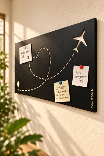 Palamar Mıknatıs Hediyeli Metal Magnet Panosu 50x70 cm - Sazkışla Kalpli Seyahat Rotası Tasarımlı Duvar Dekoru