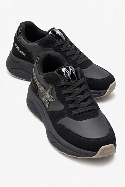 CCWAY AYAKKABI Star Stone Laced Leather Sports Shoes; Black