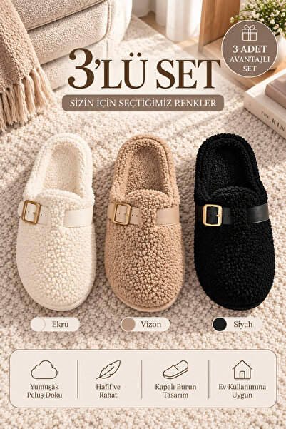 Beyond Women's 3-Piece Ecru Mink Black Buckle Plush Closed Toe 3 cm Sole Home...