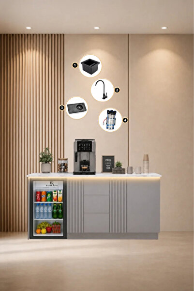 coffee world ركن قهوة بمساحة ثلاجة مع إضاءة مخفية بسطح أبيض مُرخَّم مع ملحقات