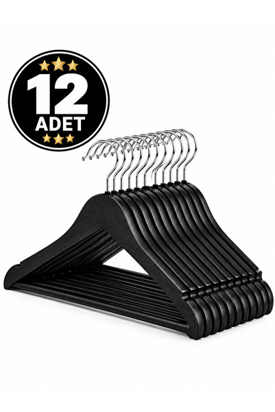 12’li Premium Siyah Ahşap Görünümlü Plastik Elbise Askısı | Kaydırmaz, Dayanıklı ve Şık Askı Seti