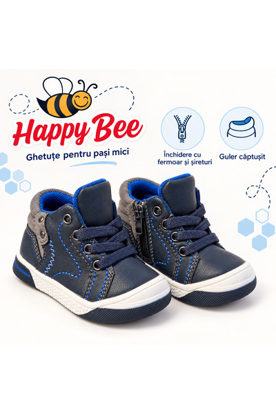 Happy Bee Ghetuțe copii pentru primii pași, bleomarin cu detalii gri, fermoar...