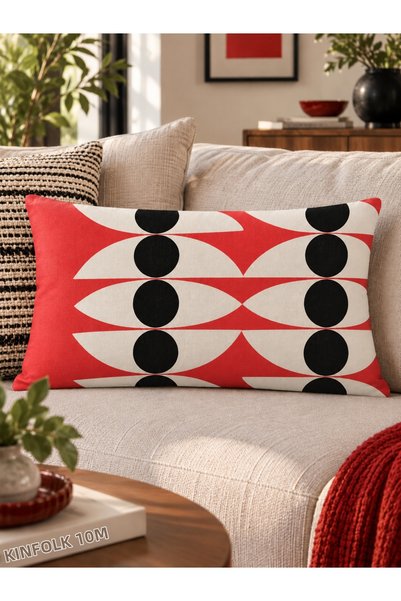 RahanDesign Modern Geometric Patterned 2-Piece Throw Pillow Cover Set Red Black Ecru – Suede Double-Sided 43X43 and 30X50 cm