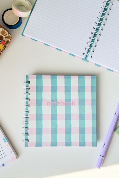 Martius Art 15X15 cm Square Cardboard Cover White Spiral Lined Notepad / School Notebook Pink Green Gingham