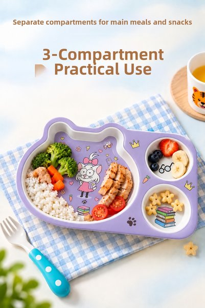 Wumboo Kral Şakir Figured 3-Compartment Melamine Children's Plate - Durable Bpa Free Nutrition Plate - Canan, Purple