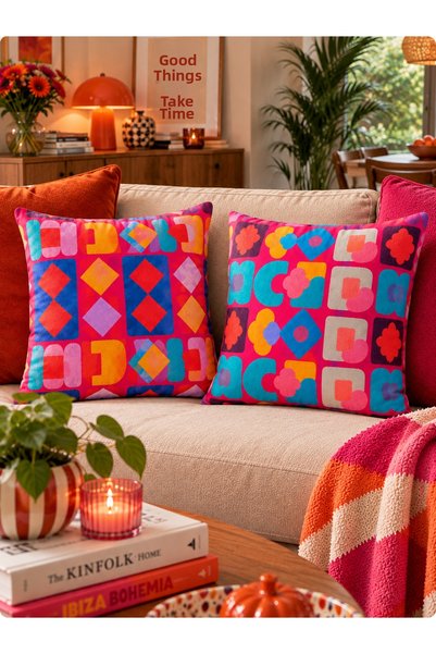 RahanDesign Set of 2 Colorful Geometric Patterned Decorative Throw Pillow Covers 43X43 cm – Retro Modern Double-Sided Suede Throw Pillow Cover