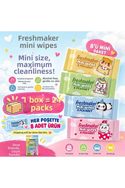 Freshmaker مناديل مبللة صغيرة الحجم 8 × 24 عبوة، خالية من الكحول، ذات ملمس ناعم
