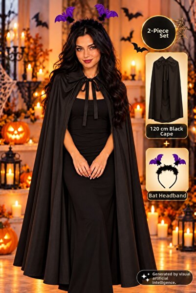 TOYFEST Set costum de Halloween 120 cm Pelerina neagra Coroana mov cu lilieci...