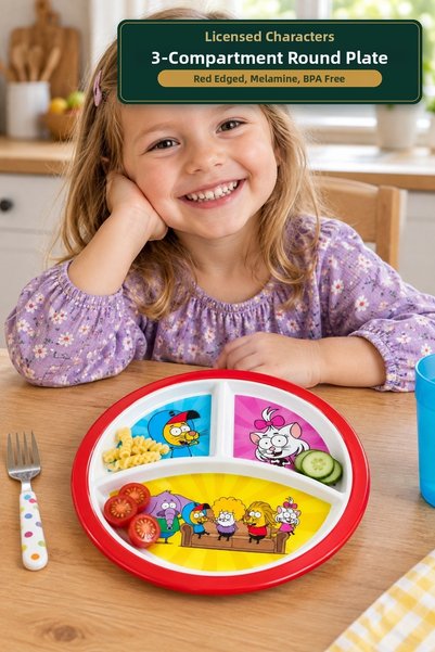 viracasa 3-Compartment Round Children's Plate with Red Edges, Melamine Food P...
