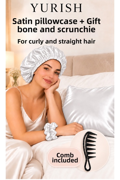 YURISH White Satin Pillowcase – with Bonnet, Buckle, and Comb Gift Set