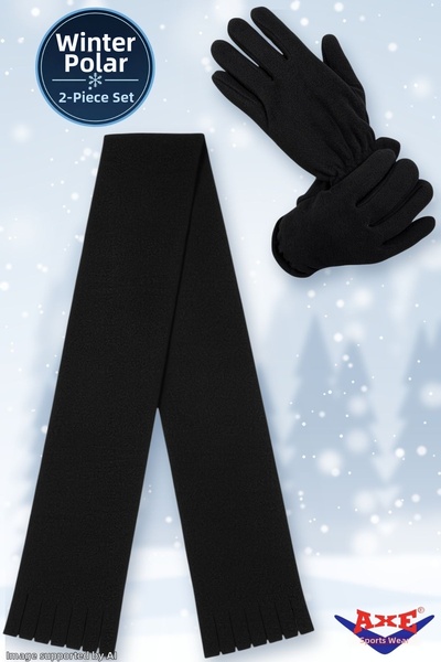 AXE SPORTSWEAR Winter Black Fleece 2-Piece Set Scarf + Gloves Outdoor Cold We...