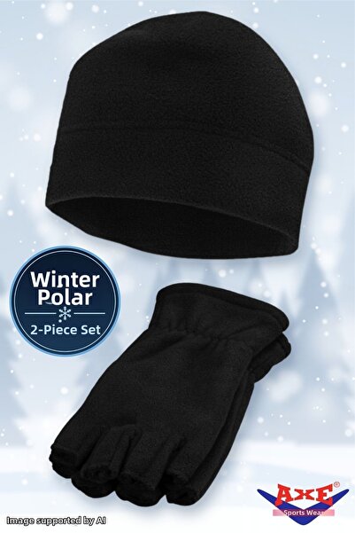 AXE SPORTSWEAR Winter Black Fleece 2-Piece Set Beanie + Fingerless Cut Gloves...