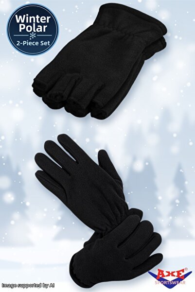 AXE SPORTSWEAR Winter Black Fleece 2-Piece Set Fingerless Cut Gloves + Finger...