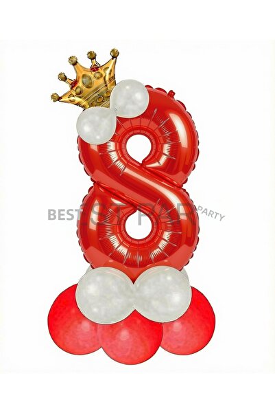BEST PARTİ Red Number Crowned Latex Balloon Birthday Set Age-8