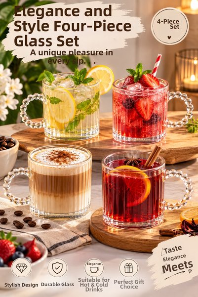 Hopeland Ringo Line Luster 4-Piece Glass Mug Set 325 ml Beaded Handle Tea Coffee Cup