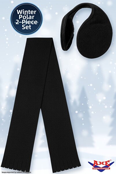 AXE SPORTSWEAR Winter Black Fleece 2-Piece Set Scarf + Neck Type Ear Muffs Ou...