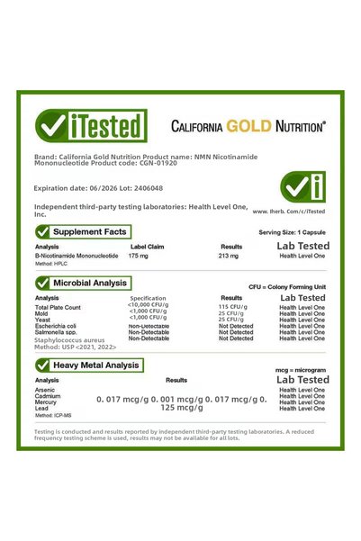 California Gold Nutrition Nmn Nad Predecessor Nicotinamide Mononucleotide 175 Mg 60 Veggie Capsules