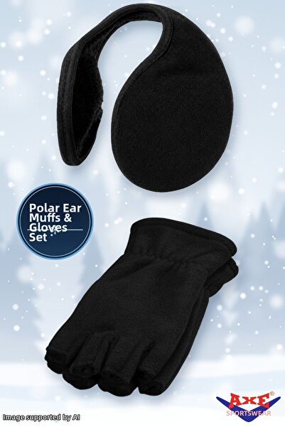 AXE SPORTSWEAR Winter Black Fleece 2-Piece Set Neck-Type Ear Muffs + Fingerle...