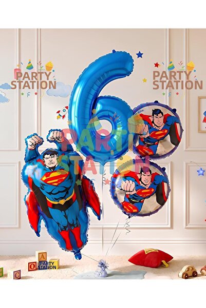 Parti Station Superman Theme 6 Year Old Balloon Set - 4 Piece Superman Birthd...