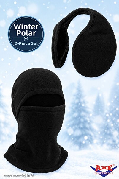 AXE SPORTSWEAR Winter Black Fleece 2-Piece Set: Balaclava + Neck Type Ear Muf...