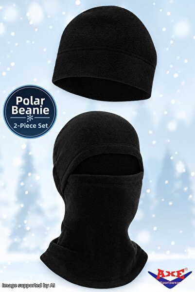 AXE SPORTSWEAR Set de 2 căciuli din lână polară neagră de iarnă + mască pentr...