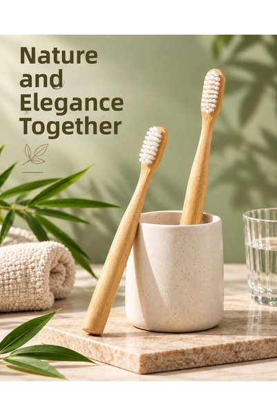 QesQin Natural Bamboo Toothbrush Set – Unpainted Bamboo Body, Ergonomic Grip,...