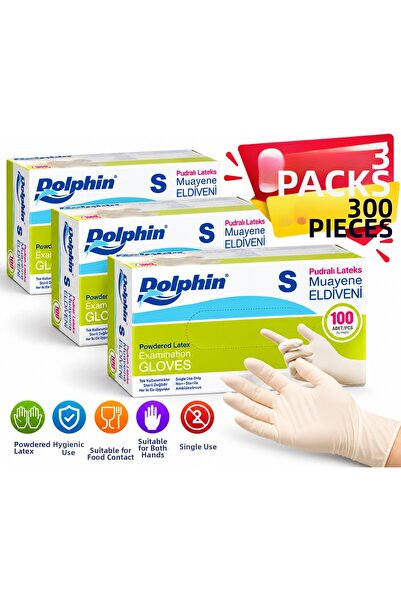 Dolphin قفازات فحص من اللاتكس المسحوق للاستخدام مرة واحدة مقاس S