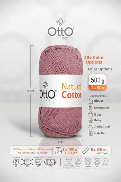OTTO LINE Natural Cotton • Dried Rose (6037) • 5-Pack × 100 Gr / 200 m • 2 mm • Cotton Thread • Punch, Amigurumi, Macrame