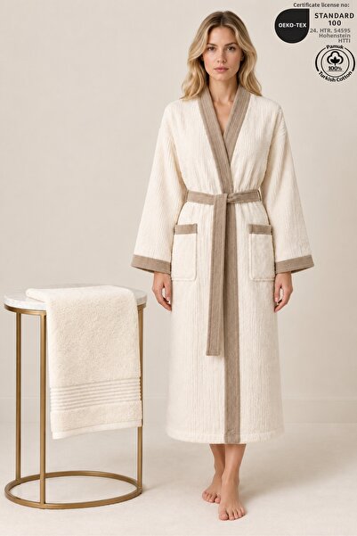 Ellaline 2 Piece Women's Kimono Robe Set 100% Cotton Certified Striped Contra...
