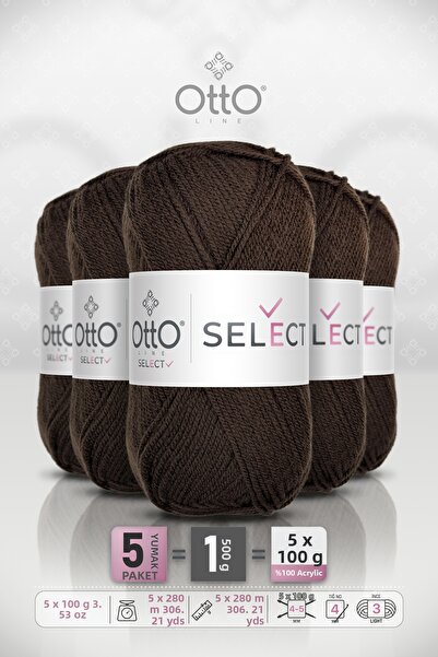 OTTO LINE Select • Brown (9563) • 5-Pack × 100 Gr / 280 m • Acrylic Hand Knit...