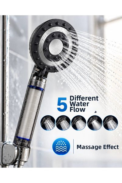 Epilons Black Filtered Shower Head with 5 Different Water Flows, Massage Effe...