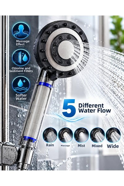 Epilons Shower Head with Chlorine and Lime Filters, 5 Different Water Flows, ...