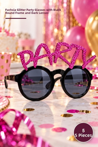 Yenilig 5 Pieces Party Glasses – Fuchsia Glittery Party Lettering Black Round...